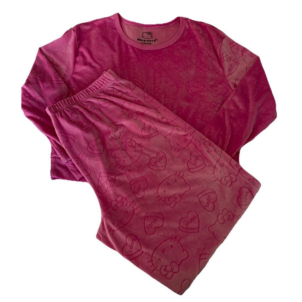 Hello Kitty Sanrio NWOT Y2K Women's Pink Pajama Set Cozy Velvety Velour Soft L